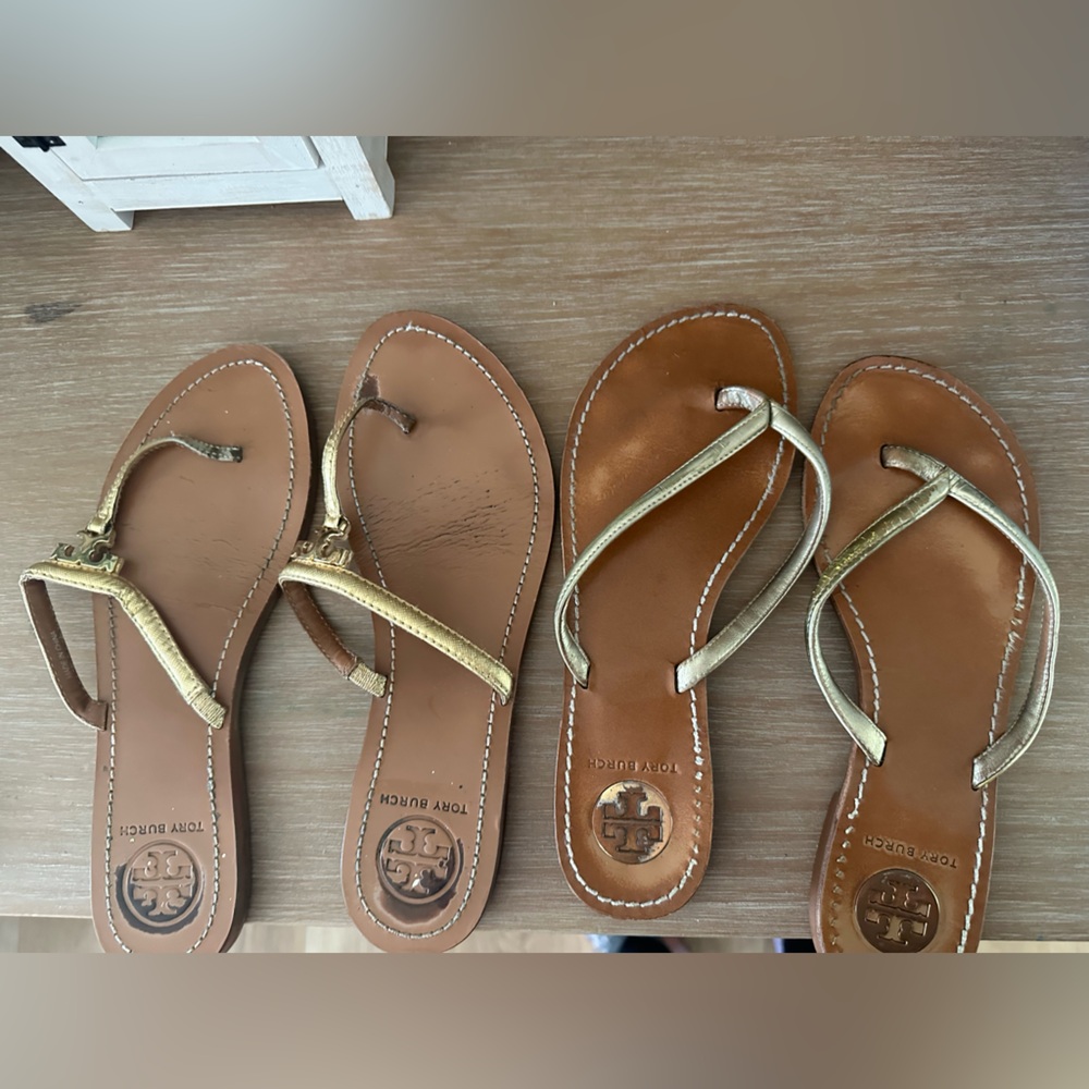 Tory Burch Gold and Tan Leather Thong Sandals